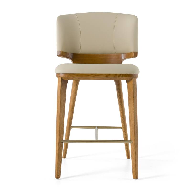 Modrest Calvary Mid-Century Modern Beige Vegan Leather & Walnut Counter Chair