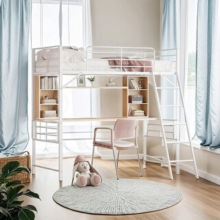 Twin Size Loft Bed with Desk and Shelf , Loft Bed with Ladder, White