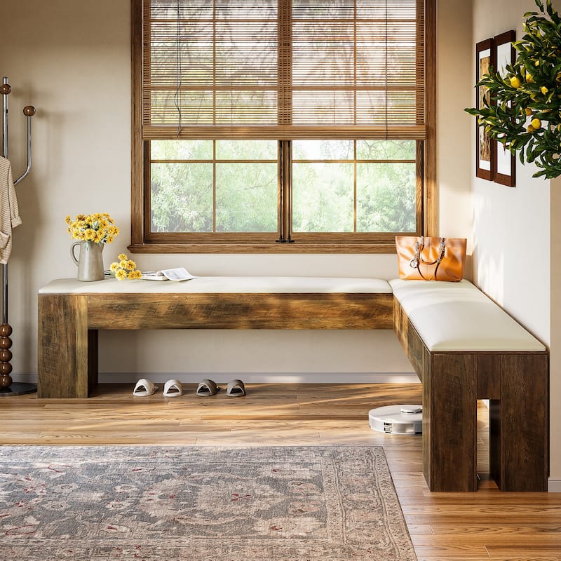61 Inch L-Shaped Bench with Cushion, Corner Kitchen Breakfast Nook Bench for Entryway / Bedroom / Living Room / Dining Room