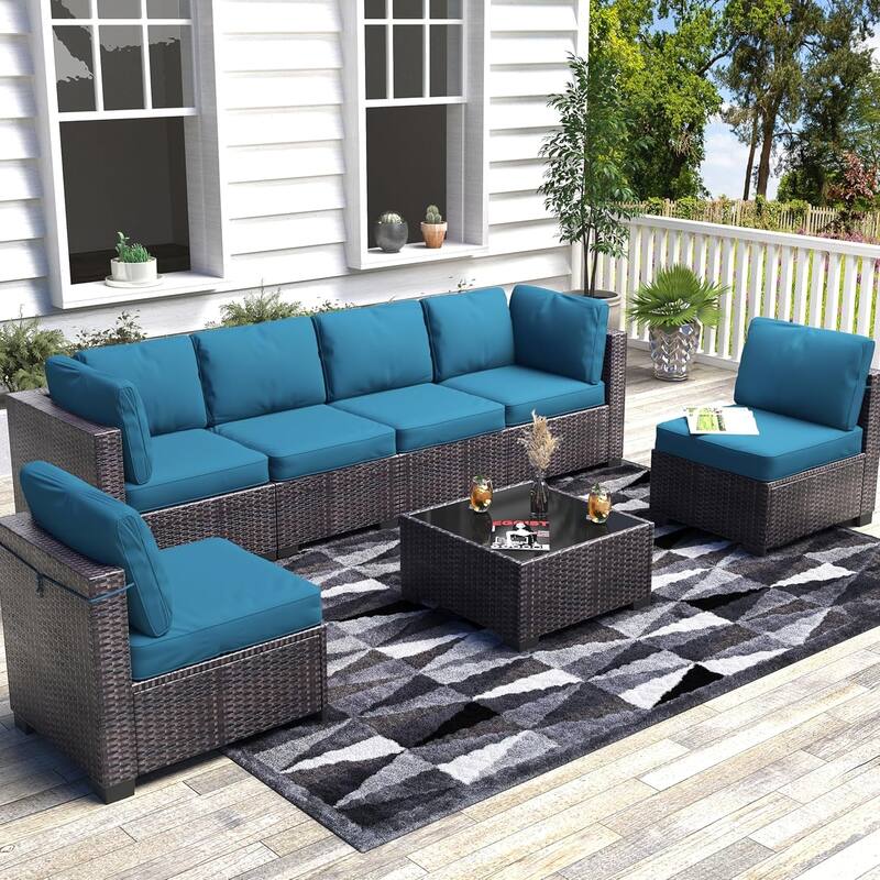 IDEALHOUSE 7-Piece PE Rattan Wicker Outdoor Patio Furniture Set - Dark Curry + Peacock Blue