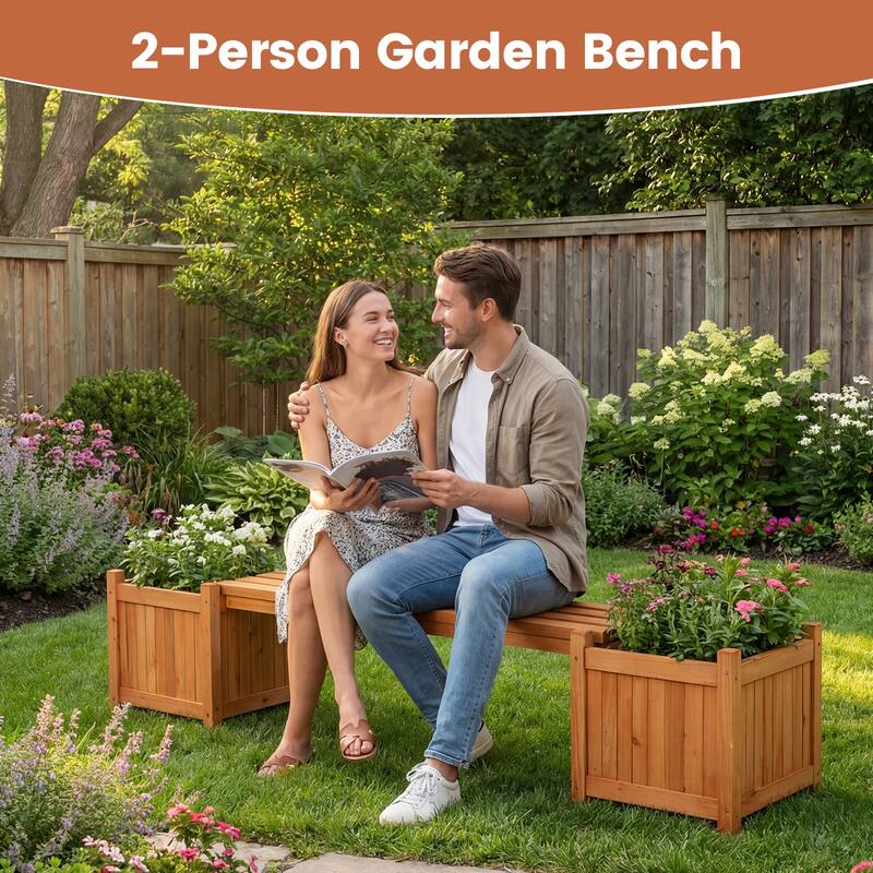 Gymax Wood Wooden Planter Box w/ Seat 2-in-1 Raised Garden Bed & Bench