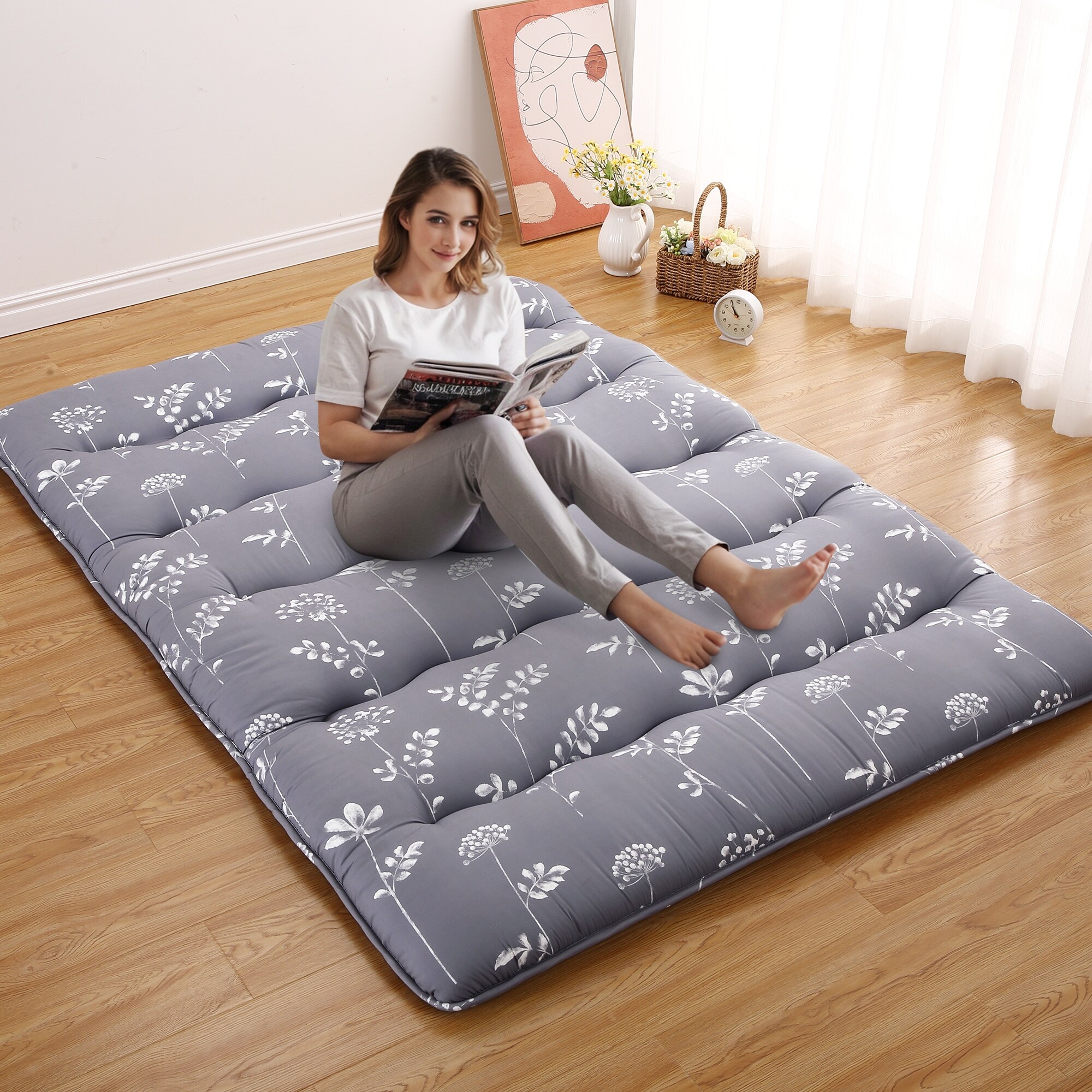 Floral Print Japanese Futon Mattress for Floor Sleeping Mat Home Indoor