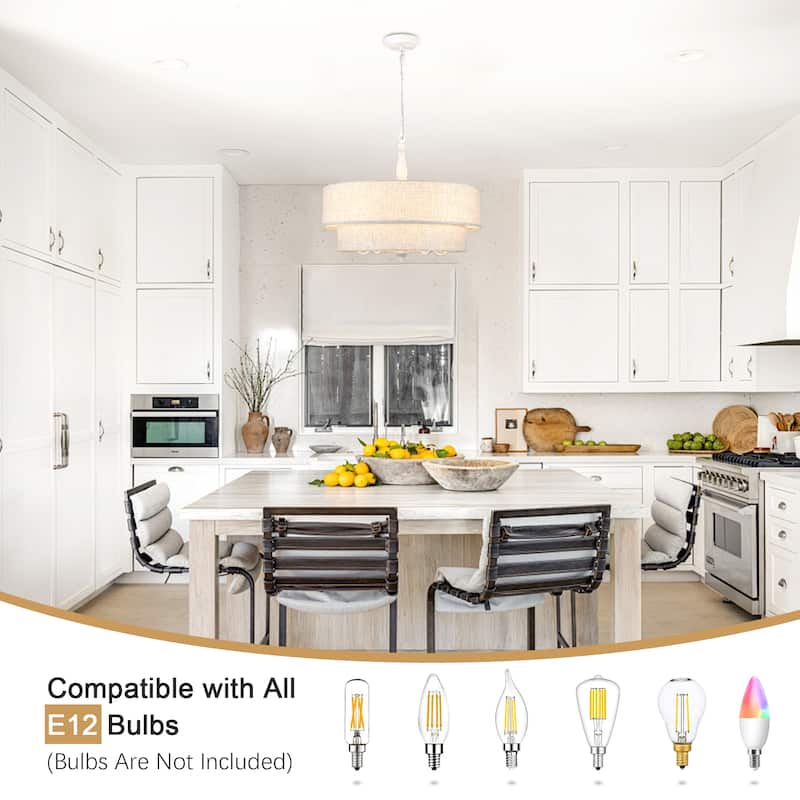 21.25-inch 5-light elegant retro metal chandelier with double-layer fabric lampshade and adjustable height