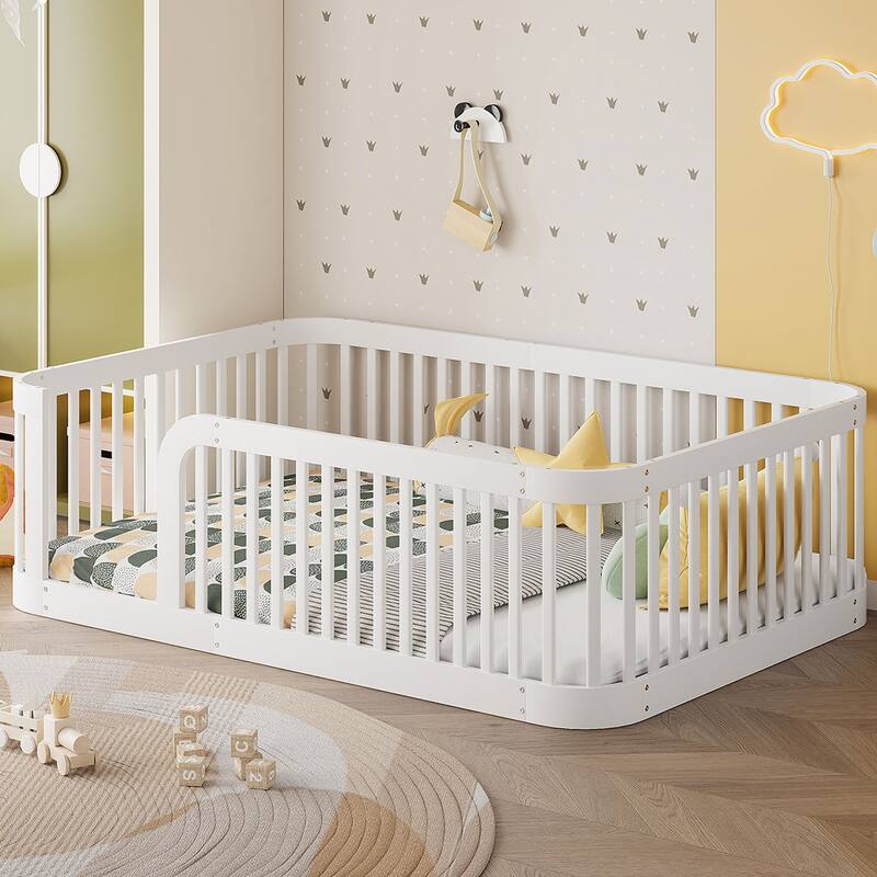 Floor Bed Frame with Fence, Montessori Toddler Bed, No Slats, No Doors, Rounded Corners Wooden Bed - White - Full