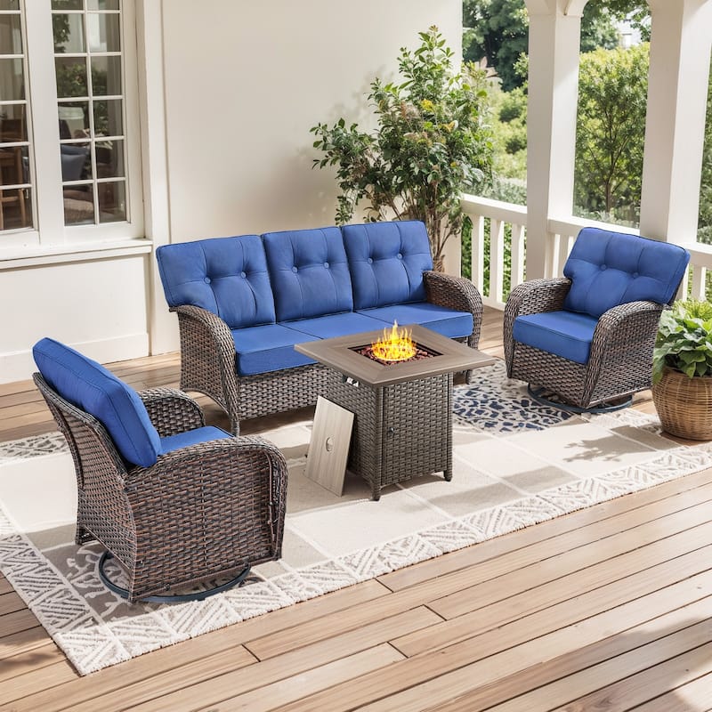 Pocassy Ooutdoor Fire Pit Table with Patio Funiture - 4 Pieces w/ Swivel Chair - Brown Wicker & Blue cushion