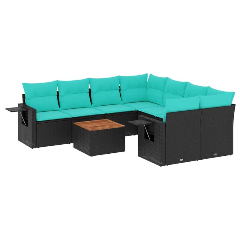 vidaXL 9 Piece Patio Sofa Set with Cushions Black Poly Rattan - 24.4" x 24.4" x 27.2"