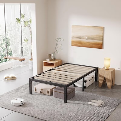 16 Inch Black Metal Platform Bed Frame With Wood Slats Support