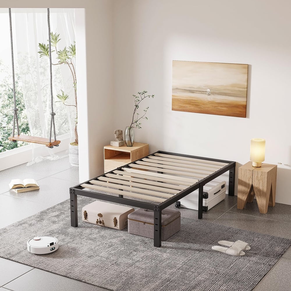 16 Inch Black Metal Platform Bed Frame With Wood Slats Support