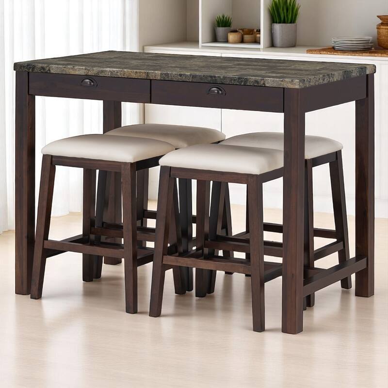 5-Piece Dining Set for 4, Counter Height Modern Kitchen Table with Storage Drawers & 4 Upholstered Chairs for Dining Room