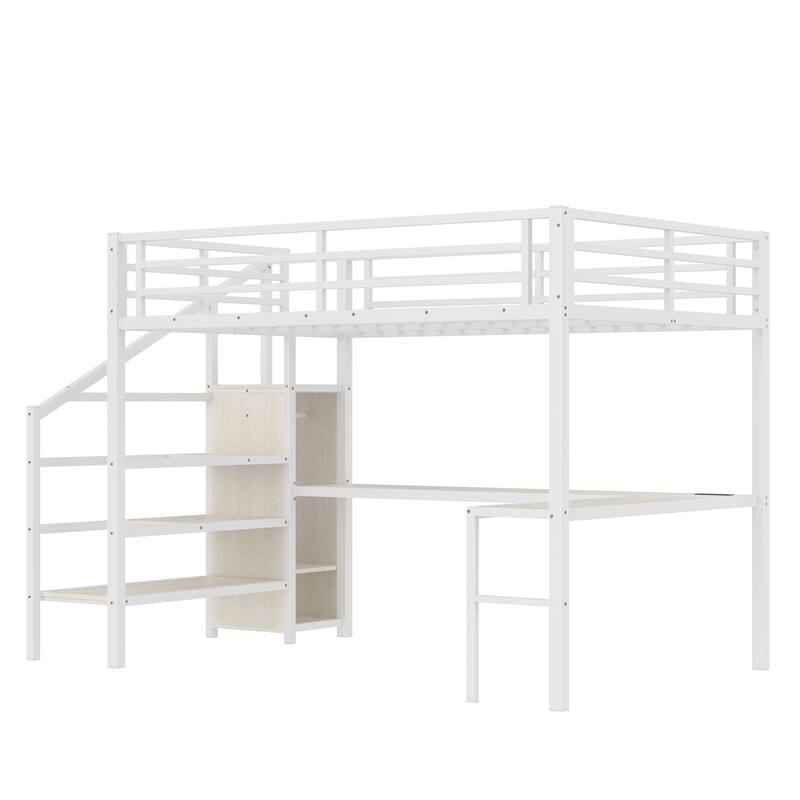 Queen Size Loft Bed with L-shaped Desk & USB,Metal Loft Bed w/Wardrobe