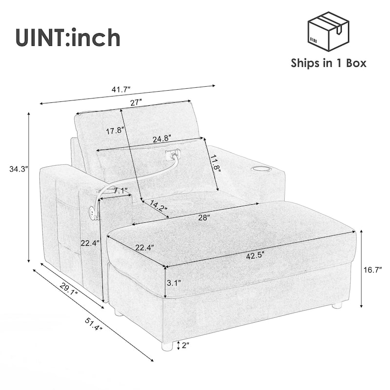 Modern Style Armchair 42.5" Chaise Lounge Sofa Couch with a Movable Storage Ottoman, Two USB Ports, Two Cup Holders
