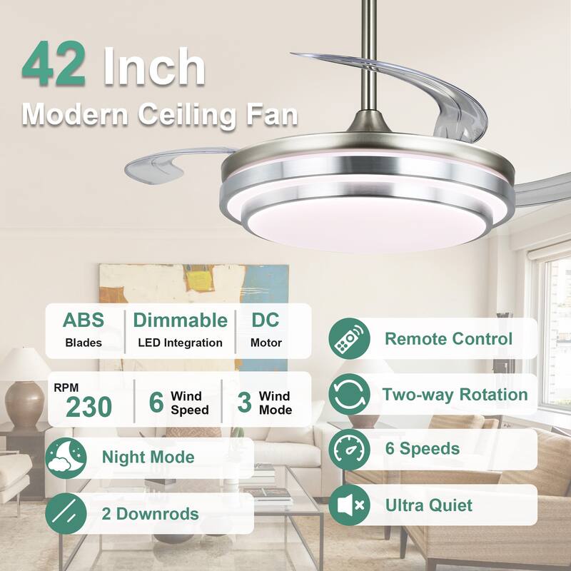 Cusp Barn 42 Inch Retractable Ceiling Fan with Lights, Modern Silent DC Motor 6 Speeds Chandelier Ceiling Fan for Bedroom