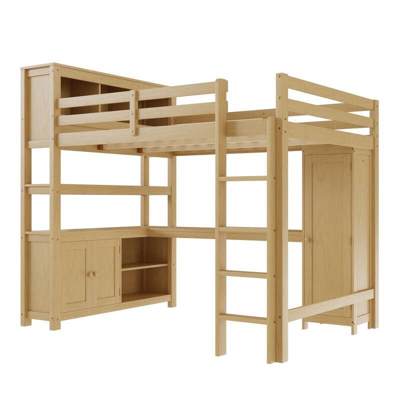 Wood Loft Bed with Cabinet and Bookshelf, Queen Size Loft with Wardrobe and Desk for Kids