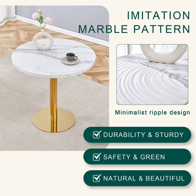 31.5 Inch Elegant White Marble Pattern Round Dining Table - Suction Molding Annular Texture, Durable and Water-Resistant