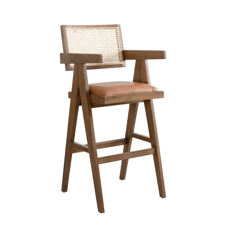 Harley Nutmeg Brown Solid Wood and Rattan Upholstered Counter or Bar Height Barstool - Bar Height