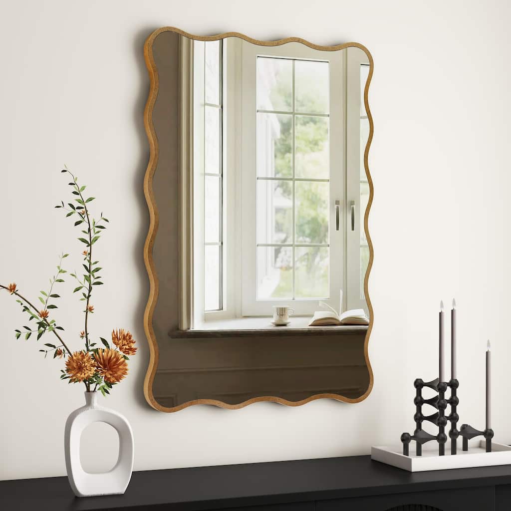 Antique Gold Wall Mirror Rectangle Wave Metal Accent Mirror - 30"×20"