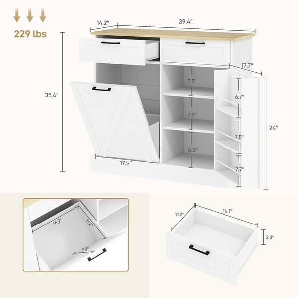 dimension image slide 2 of 3, HOMCOM Tilt Out Trash Can Cabinet, Farmhouse Kitchen Cabinet with Hidden Trash Can and 2 Drawers for Laundry Room, Pantry