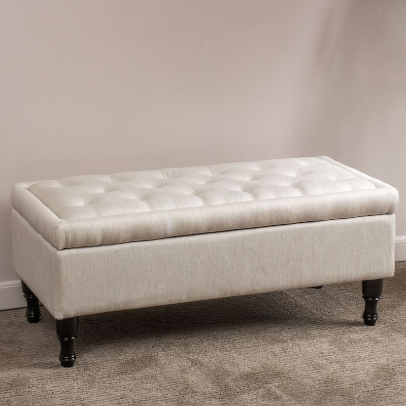 Linen Suede Storage Ottoman with Dark Wood Legs by Christopher Knight Home
