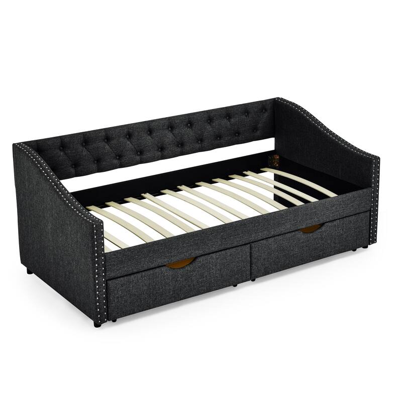 Roomfitters Twin/Full/Queen Upholstered Daybed with Tufted Backrest, Nailhead Trim and Underbed Storage Trundle