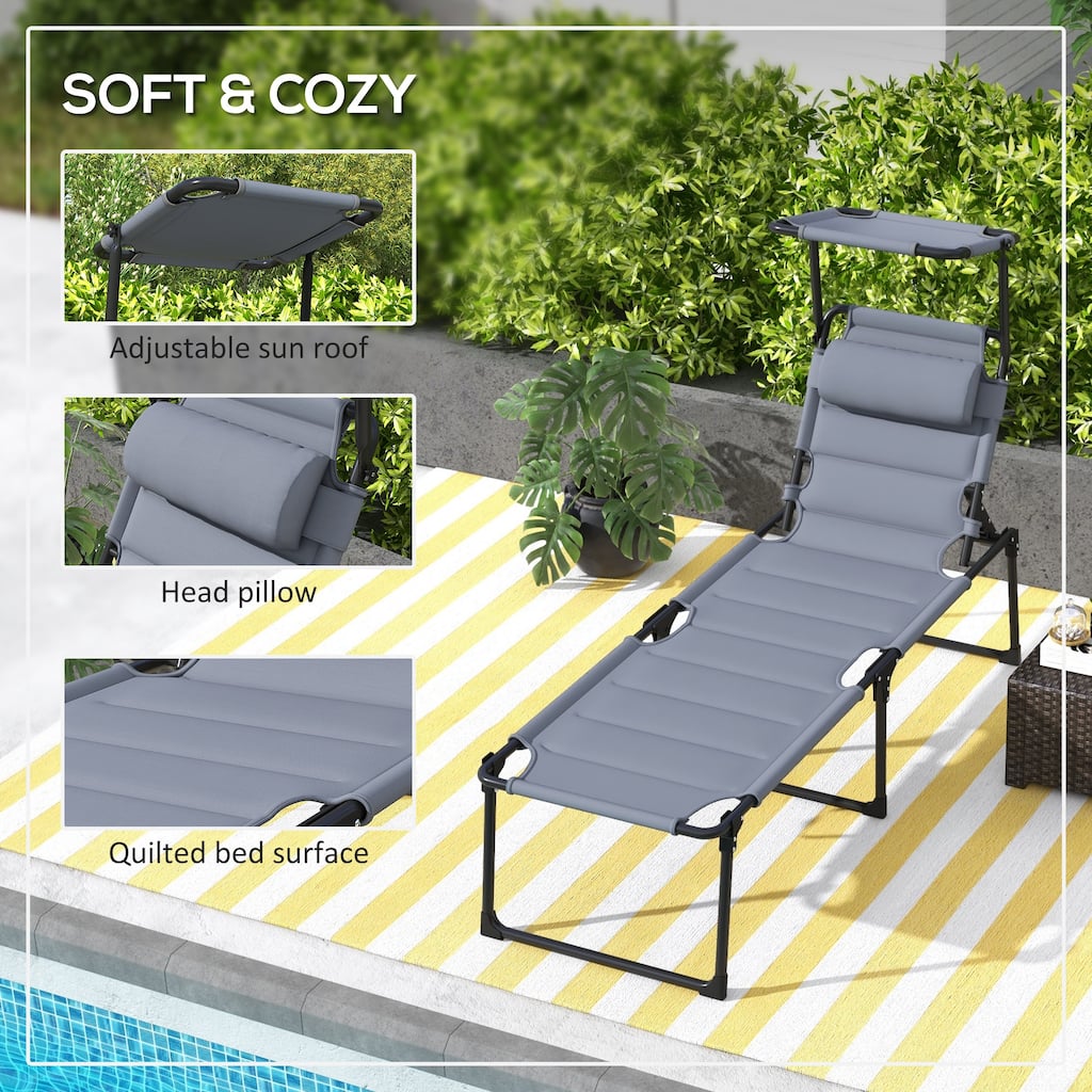 Outdoor Lounge Chair with 4-Level Adjustable, Folding Chaise Lounge Tanning Chair with Sunshade Roof & Pillow Headrest