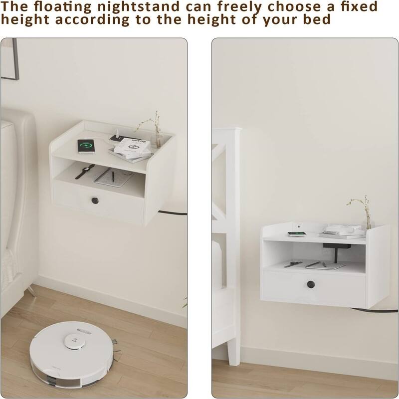 Floating Nightstand Set of 2 with Charging Station and Storage Drawer Wall Mounted - 11.5"D x 15.8"W x 11.5"H