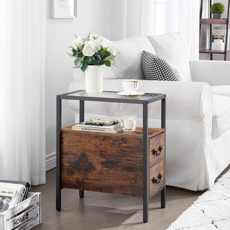 2-Drawer Modern End Tables with Glass Top, Narrow Side Tables with Drawers, Nightstand Set of 2 for Small Spaces
