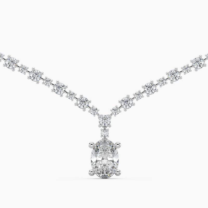 14K Gold Lab Grown Alternating Diamond Lined Oval Drop Necklace - White