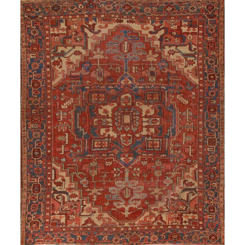 Pre-1900 Antique Vegetable Dye Heriz Serapi Persian Wool Carpet - 9'2" x 10'10"