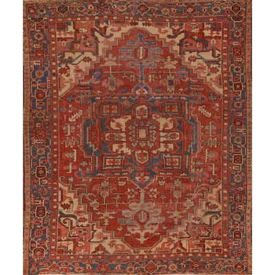 Pre-1900 Antique Vegetable Dye Heriz Serapi Persian Wool Carpet - 9'2" x 10'10"