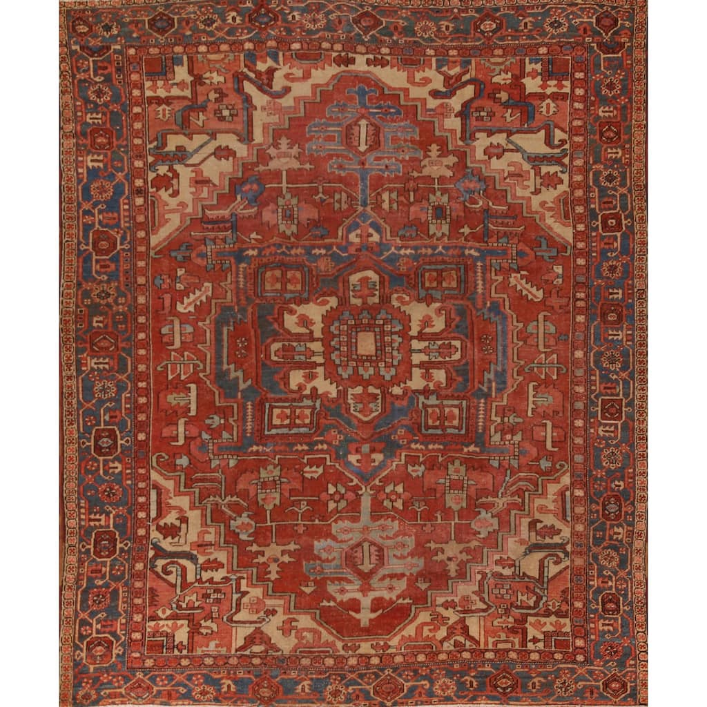 Pre-1900 Antique Vegetable Dye Heriz Serapi Persian Wool Carpet - 9'2" x 10'10"