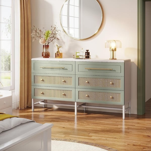 modern rattan dresser Modern Rattan 6 Drawer Dresser - Tall Chest, Deep Storage, Long Wooden  Cabinet for Entryway, Hallway, Kids Room