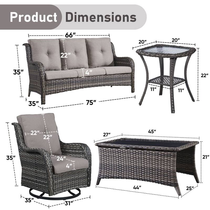 Pocassy 5 Pieces Outdoor 4 Inch Sofa Swivel Chairs Table