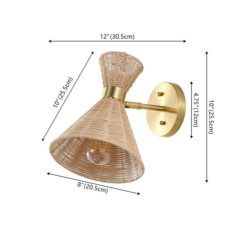Kiawah 10" 1-Light Mid-Century Vintage Retro Rattan/Metal LED Sconce with Adjustable Shade, by JONATHAN Y