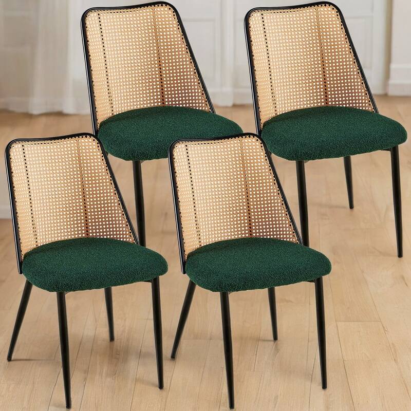 Green Rattan Dining Chairs Set of 4,Boucle Chairs with Natural Cane Back, Upholstered Dining Room Kitchen Chair