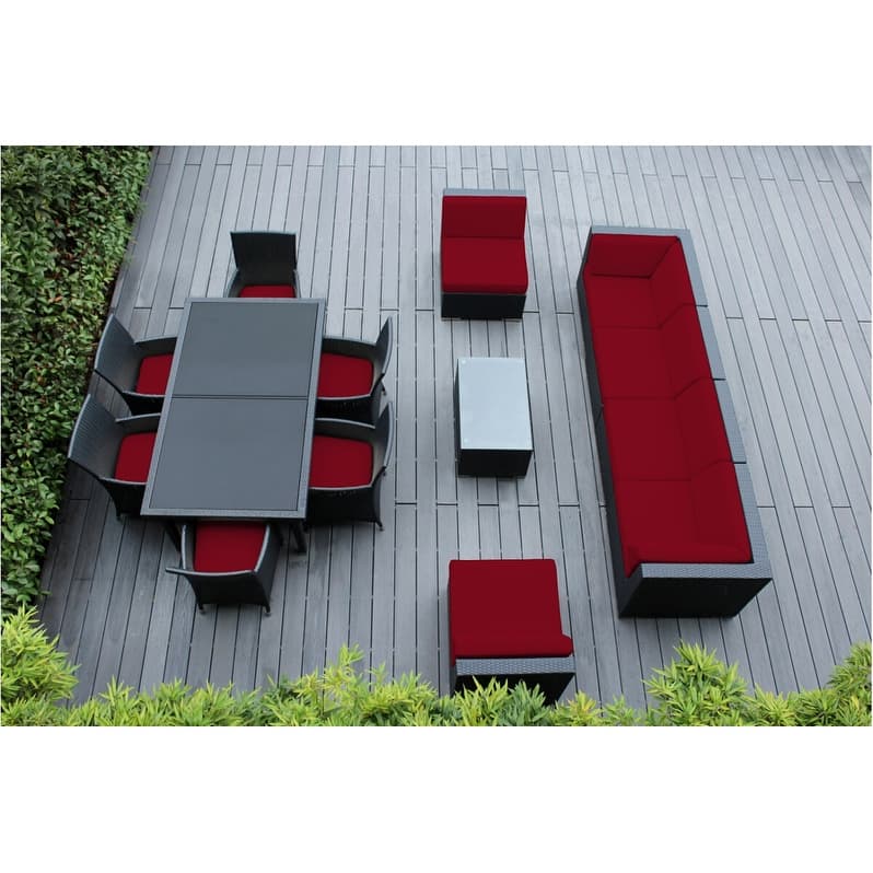 Ohana Outdoor Patio 14 Piece Black Wicker Sofa and Dining Set - Red