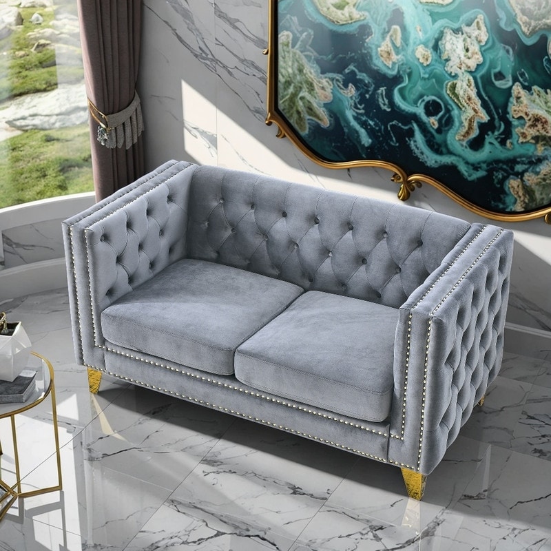 Velvet 2 Seat Sofa for Living Room Buttons Tufted Square Arm
