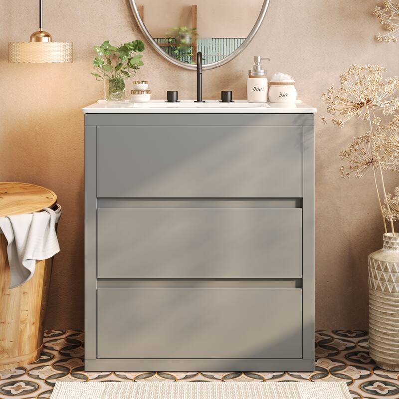 30"/60" Bathroom Vanity Set, Freestanding Bathroom Vanity Cabinet with Ceramic Sink Basin & Drawers