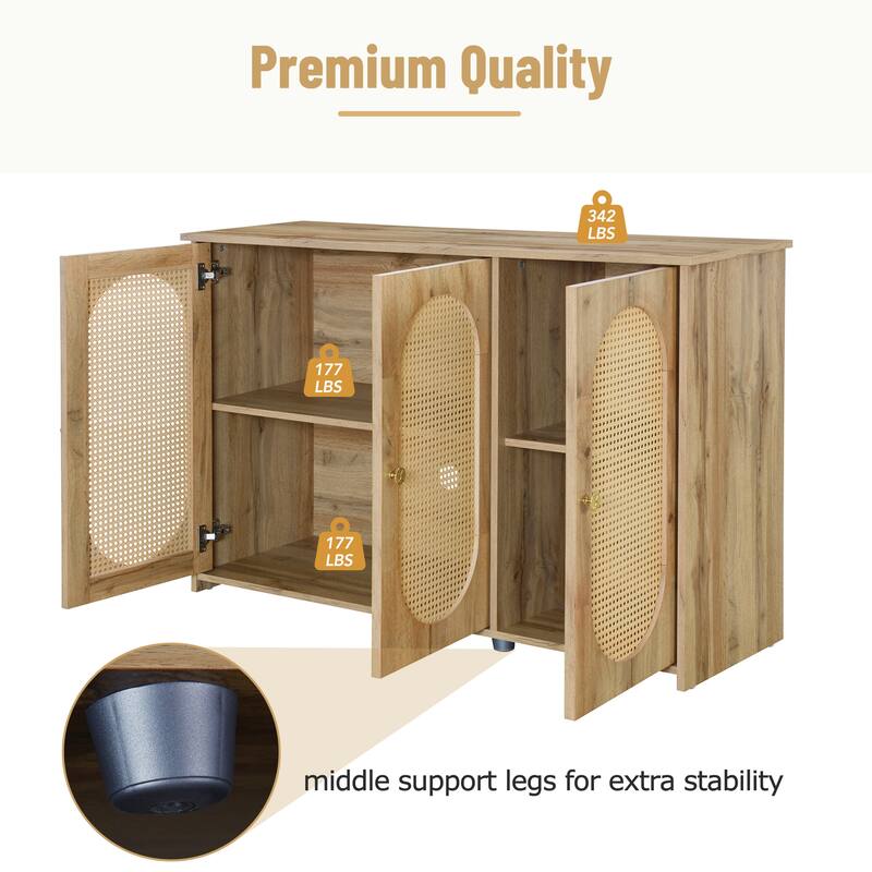 Retro 3-Door Sideboard with Artificial Rattan Doors, Metal Handles & Large Storage Space