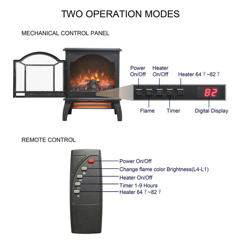 Freestanding 18-Inch Electric Quartz Fireplace Stove with Realistic Flame, 1500W Heat & Remote Control