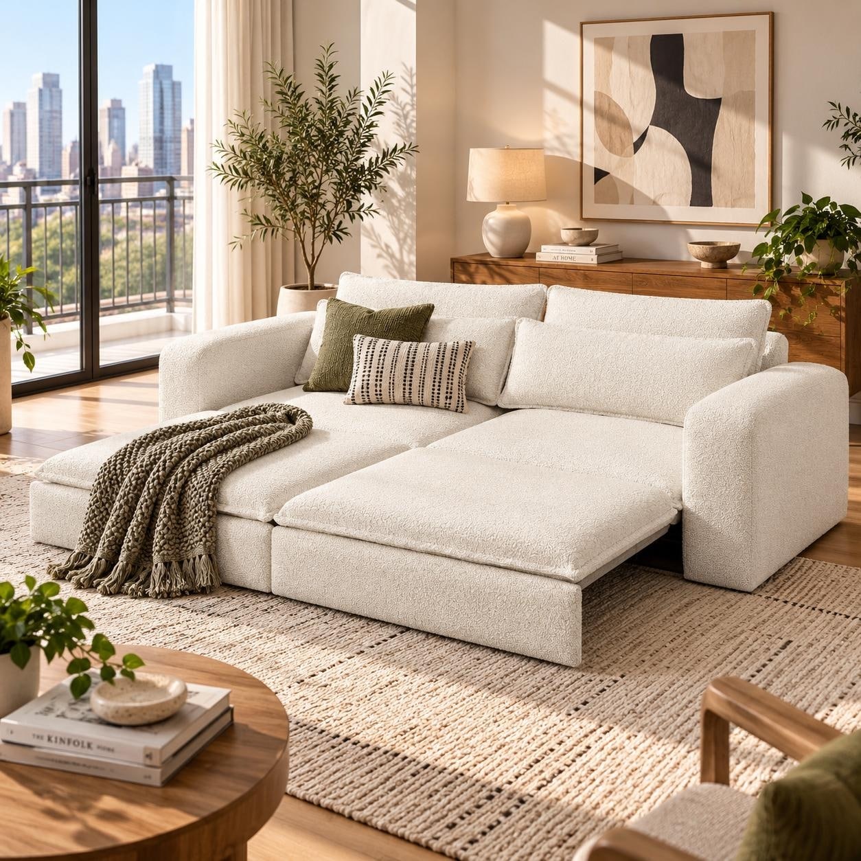 Homy Casa 93" 3 Seat 3-in-1 Convertible Sleeper Sofa, Adjustable Backrest, Chaise Lounge Pull Out Bed for Living Room, Apartment
