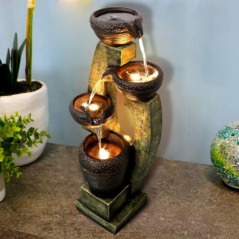 4-crock Resin Outdoor Garden Fountain with LEDs