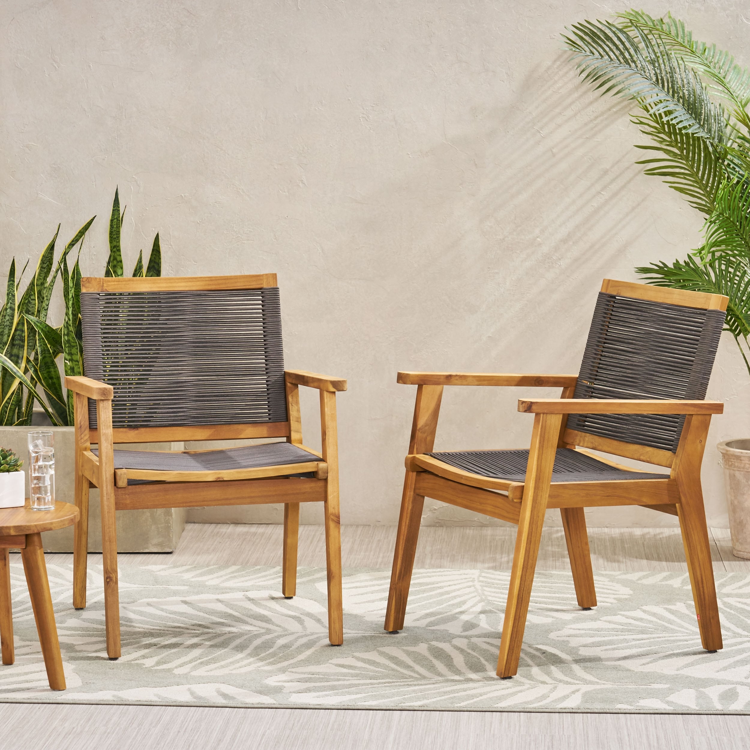 Roomfitters Modern Outdoor Patio Chairs Set of 2, Acacia Wood Frame and Rope Backrest, Grey