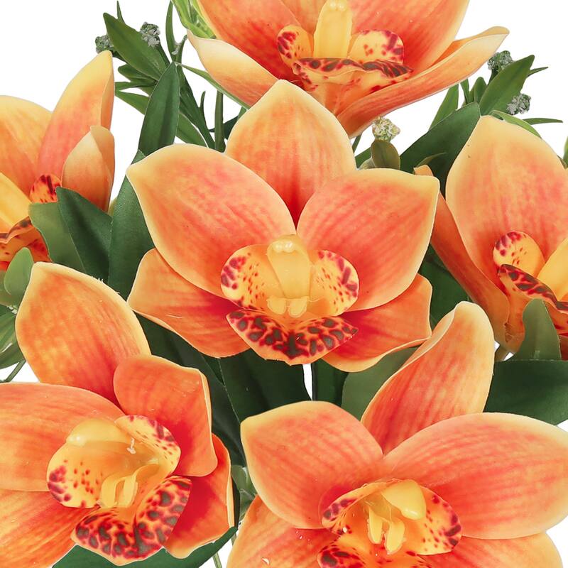 Set of 4 Orange Artificial Cymbidium Orchid Flower Stem Bush Bouquet 13in - 13" L x 8" W x 8" DP