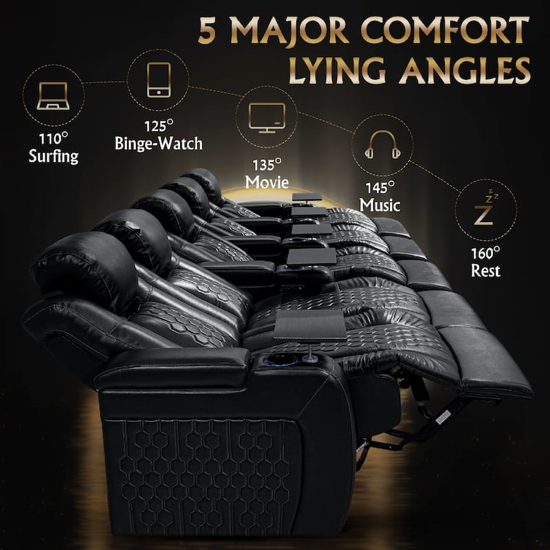 Roomfitters 155.5" Power Recliner 5-Piece Set, Top-Grain Nappa Leather, 27-Color RGB LED & USB-C Charging, Black