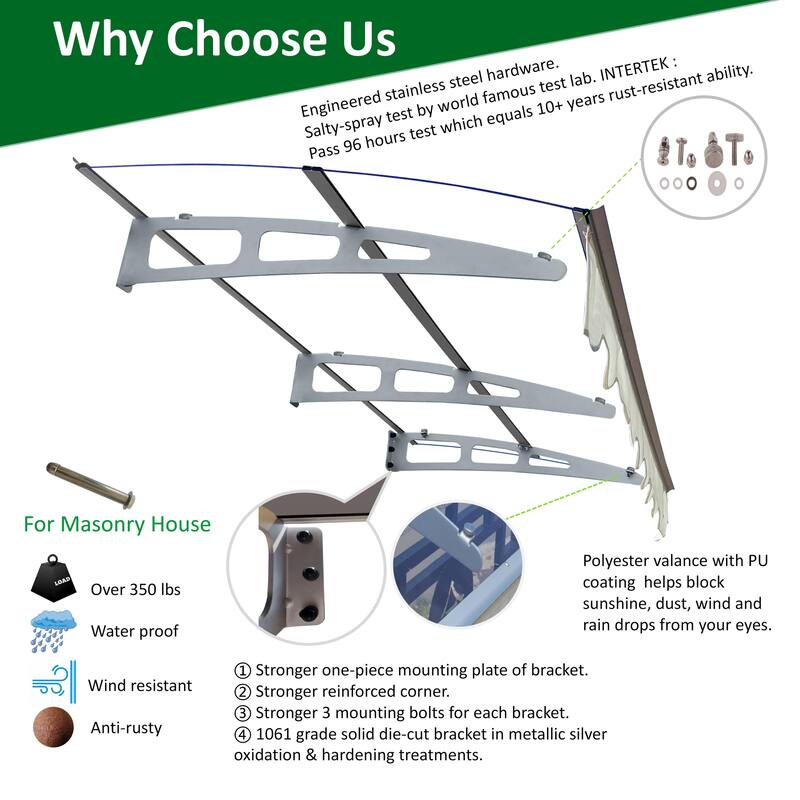 Series Door Window Awning Canopy Made of 0.137" Thick Crystal Solid Polycarbonate Sheet and Aluminum Alloy with Valance