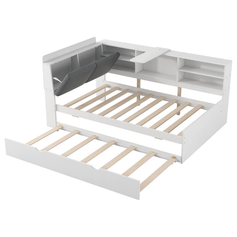 Twin Size Platform Bed with Trundle, Storage Shelves, Headboard with Upholstery, and Space-Saving Rotating Board