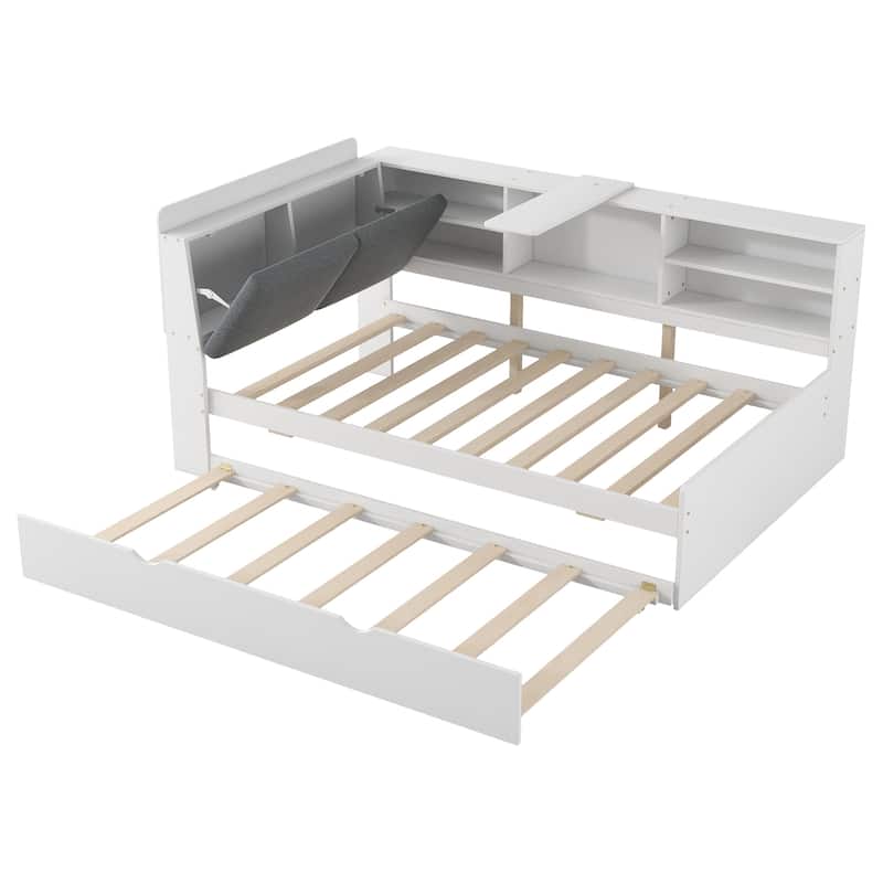 Twin Size Platform Bed with Trundle Bed, Built-in Storage Headboard, Shelves, and Rotating Board, Upholstered Backrest