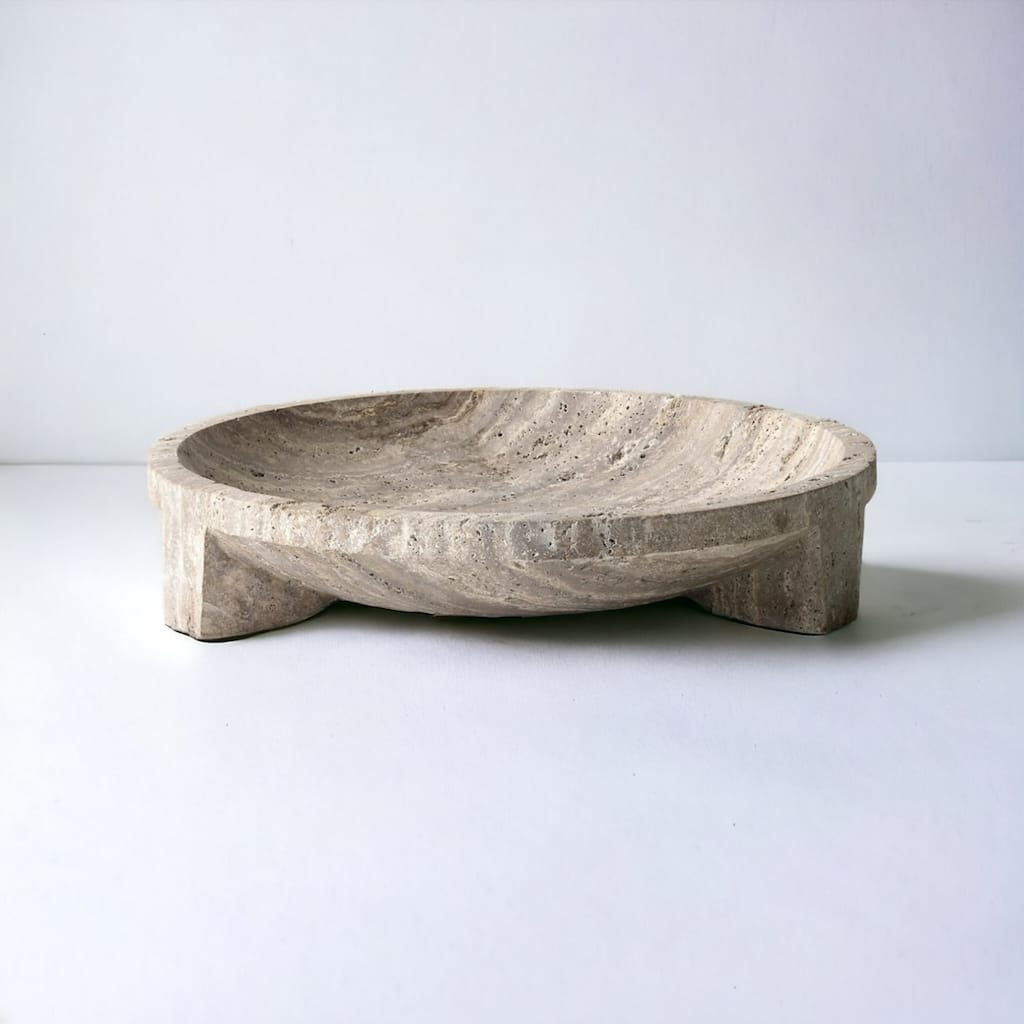 Large Travertine Bowl with Angular Feet - 7.5" - Cream