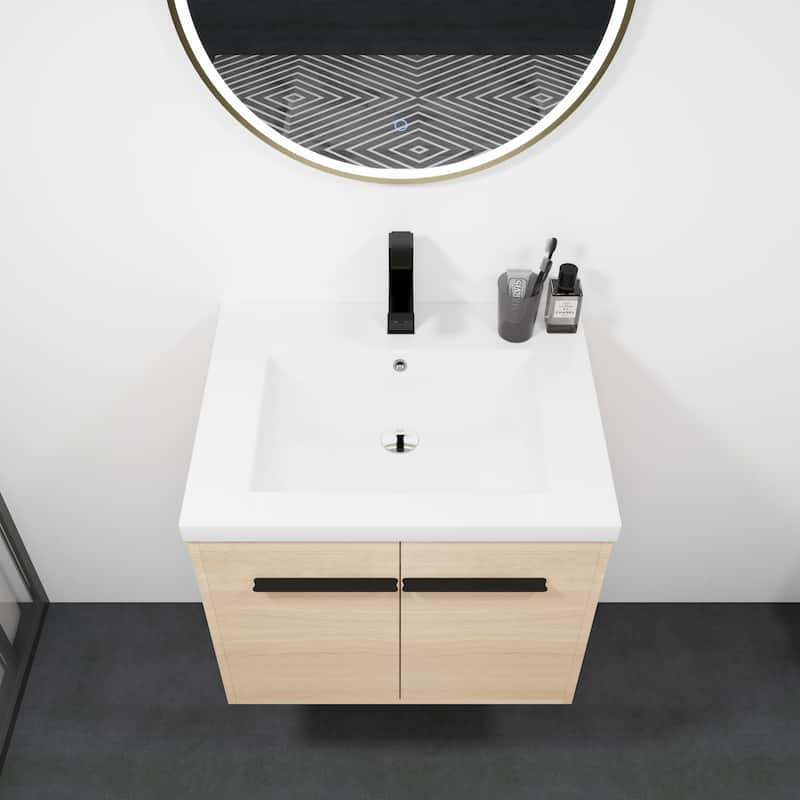 Fully Assembled Black 24 Inch Bathroom Vanity with Ceramic Countertop Sink, Oak 2 Doors Bathroom Cabinet Set