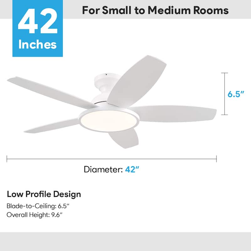 42" 5 - Blade Low Profile Flush Mount LED Ceiling Fan with Light Kit and Remote